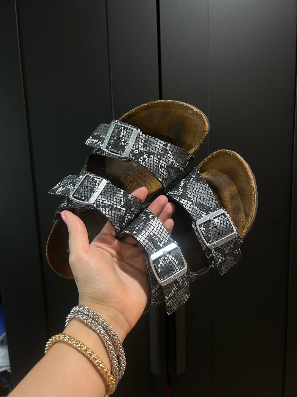 Birkenstock Women's Double-Buckle Sandals in Black and Gray Snake Print